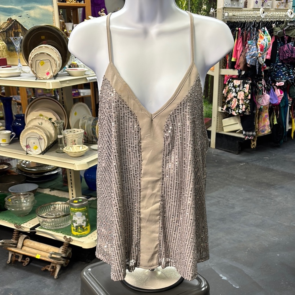 Neutral Sequin Spaghetti Strap Top